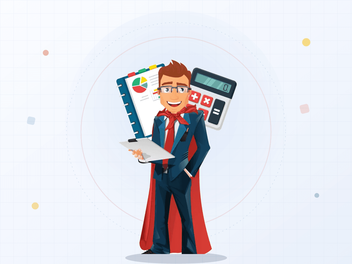 Mr. Bookkeeper mascot — a caped bookkeeping superhero with a ledger and calculator